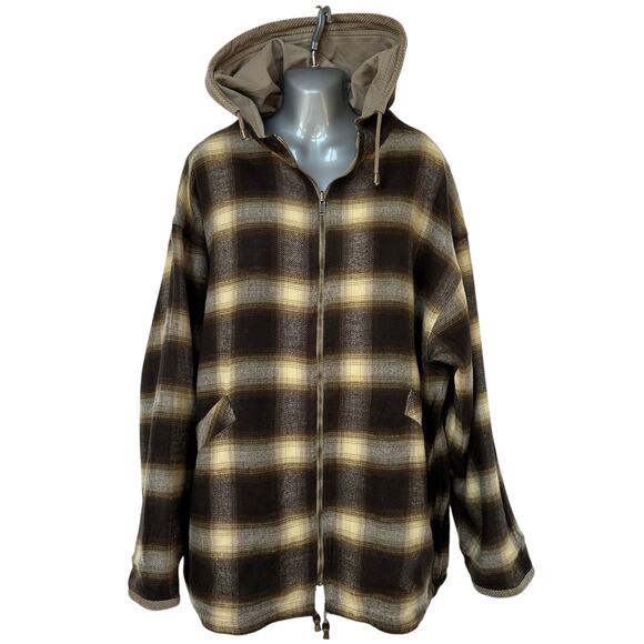 Vintage Brandon Thomas Chore Coat Reversible Khaki Brown Plaid Hooded Mens Large - Picture 1 of 16
